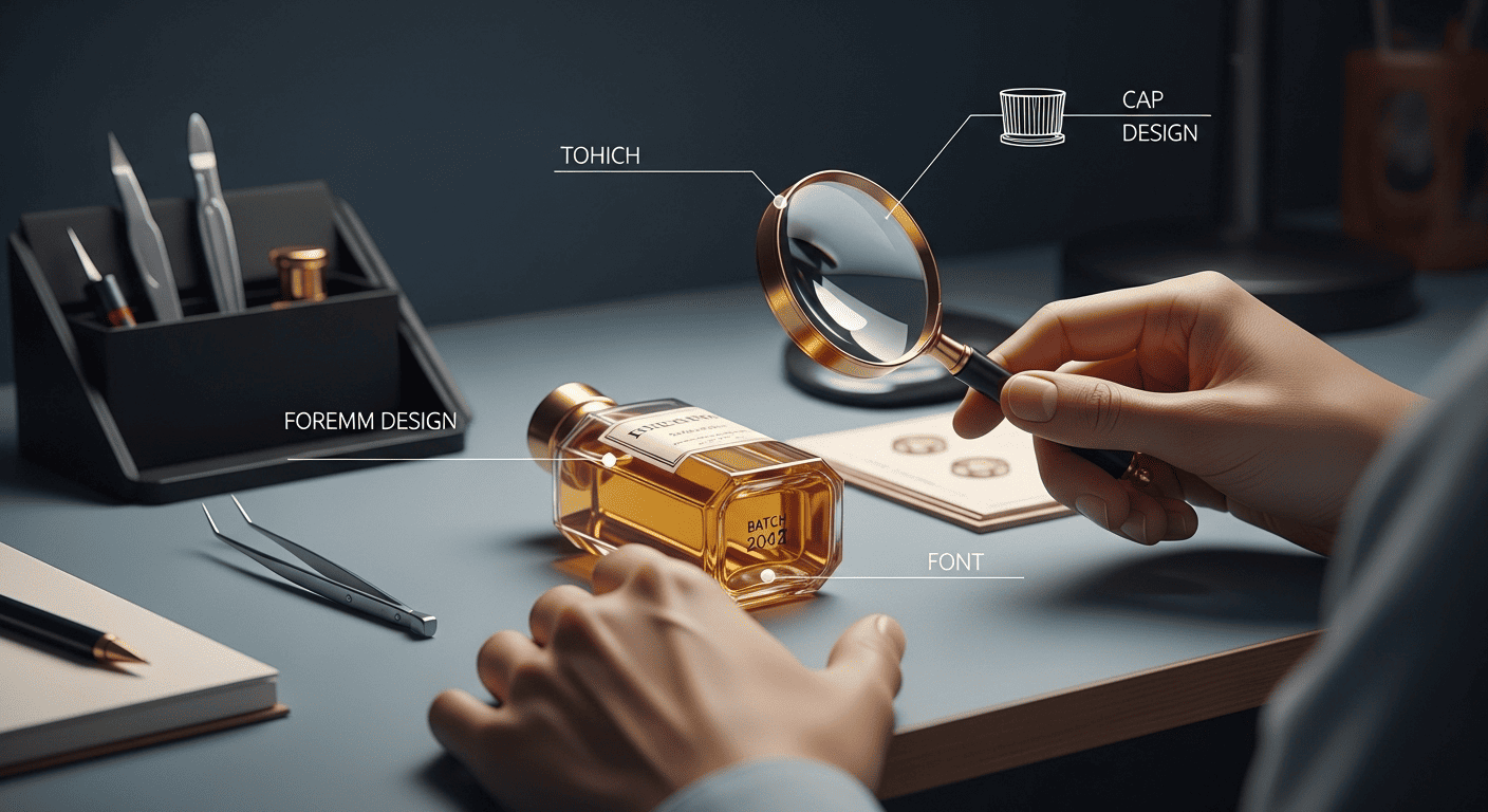 Examining a vintage perfume with tools